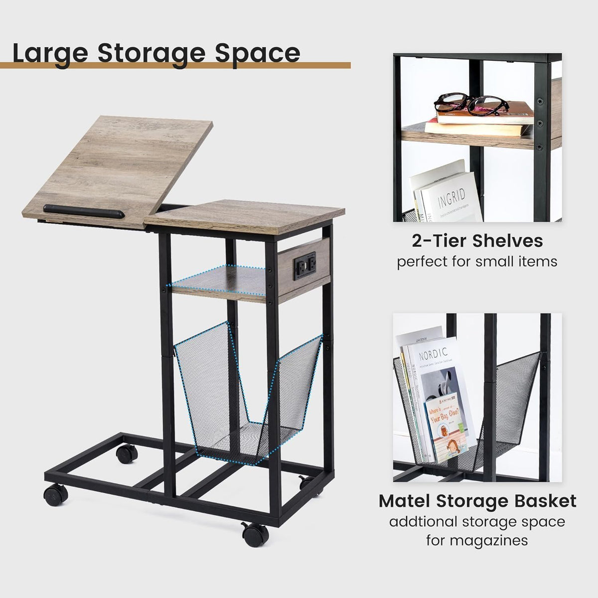 FLYJOE End Table C Shape with Charge Station, Tilting Top Side Table with Magazine Holder and Lockable Wheels, Easy Assembly for Living Room, Bedroom, Industrial Style, Grey