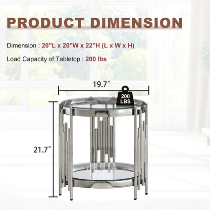 Round Glass End Table, 2-Tier Small Side Table with Tempered Glass Top and Sliver Stainless Steel Legs, Elegant Sofa Accent Table for Living Room, Bedroom, Easy to Assembly