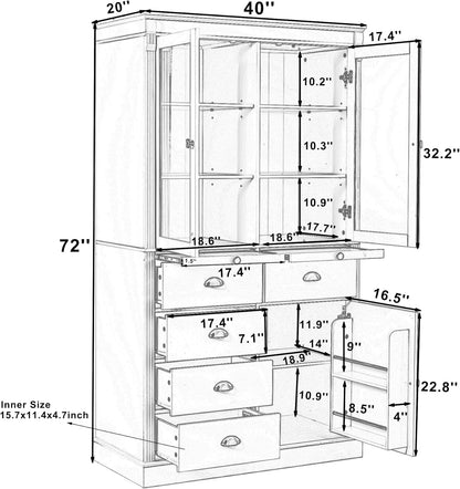 Pantry Stotrage Cabinet with Glass Doors and Serving Trays, Wood Display Cabinet with Stotrage Drawers and Shelves for Kitchen, Dining Room (Blue)