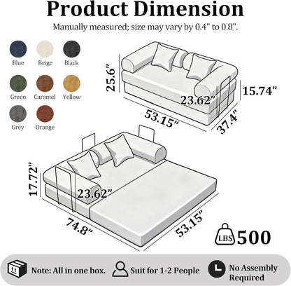 53.15'' Convertible Compressed Corduroy Folding Cloud Sofa Bed, Modern Pull Out Loveseat Sleeper in a Box, 4 in 1 Floor Mattress Futon Cloud Couch, No Assembly Needed, Orange, Pillows, Full