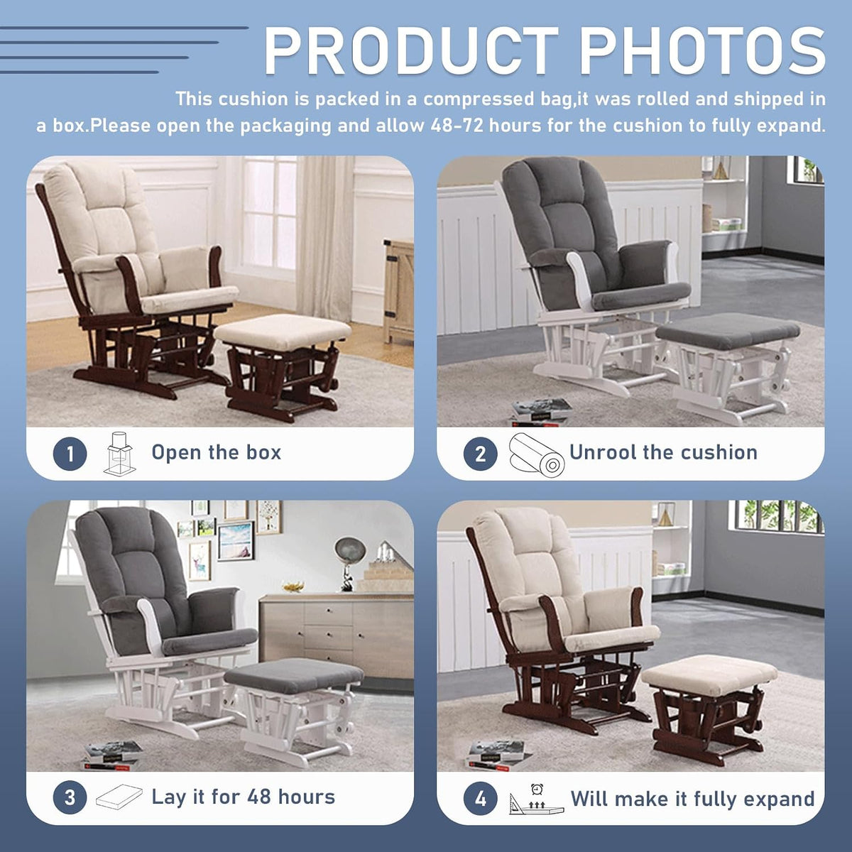 5 PCS Replacement Cushions for Glider Rockers - Thickened Non-Slip Cushions Set with Ottoman Cover & Side Pocket - Washable & Supportive for Ultimate Comfort