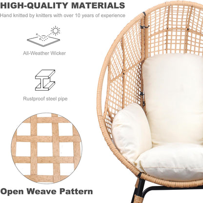 Oversized Wicker Egg Chair Outdoor Indoor Rattan Patio Egg Lounge Chairs with Cushion 500lbs Capacity for Living Room, Balcony, Backyard(Beige)