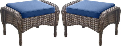 Outdoor Ottomans Patio Footrest Set of 2 - High Back Comfortable Brown Wicker Rattan Steel Frame Footstool Additional Bench Side Table for Porch Balcony Deck Garden Poolside - Navy Blue