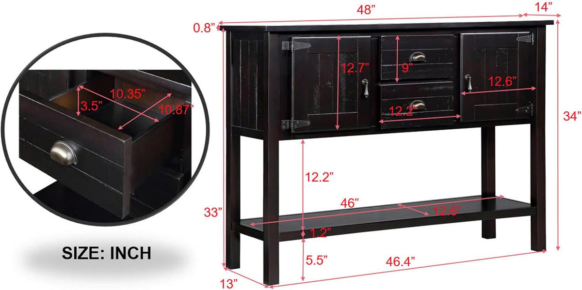 Knocbel Vintage Console Table with 2 Drawers, 2 Storage Cabinets and Bottom Open Shelf, Entryway Hallway Sofa Table Dining Room Buffet Sideboard, 48" W x 14" D x 34" H (Espresso)
