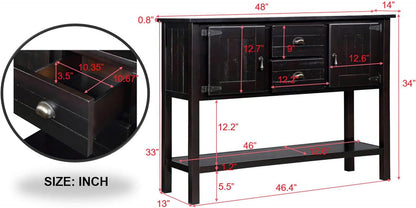 Knocbel Vintage Console Table with 2 Drawers, 2 Storage Cabinets and Bottom Open Shelf, Entryway Hallway Sofa Table Dining Room Buffet Sideboard, 48" W x 14" D x 34" H (Espresso)