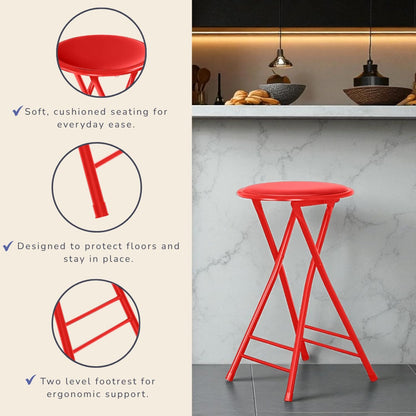 Lavish Home Folding Stool with Padded Backless Seat Set of 4, Red, 24” | Counter Height Bar Stools with 225lb Capacity, Portable Indoor & Outdoor, Extra Seat for Kitchen, Rec Room or Camping