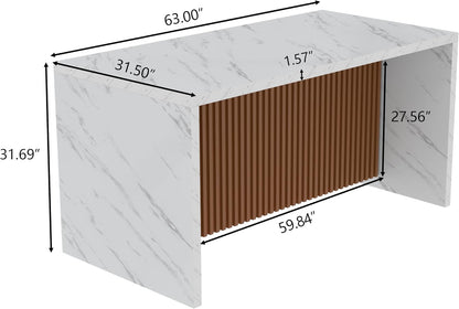 63" Large Imitation Marble Dining Table for 4-6 People,Kitchen Island Table with LED Lights, Mordern Marble Stripes Kitchen Dining Table with Grille design for Dining Room,Living Room (White)