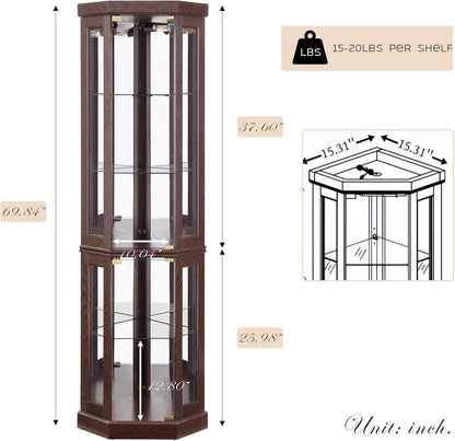 70" Lighted Corner Curio Cabinet, Wood China Display Case with Tempered Glass Doors & Adjustable Shelves, Light Bulb Included, Tall Wine Storage Rack for Bar and Liquor Storage (Dark Cherry)