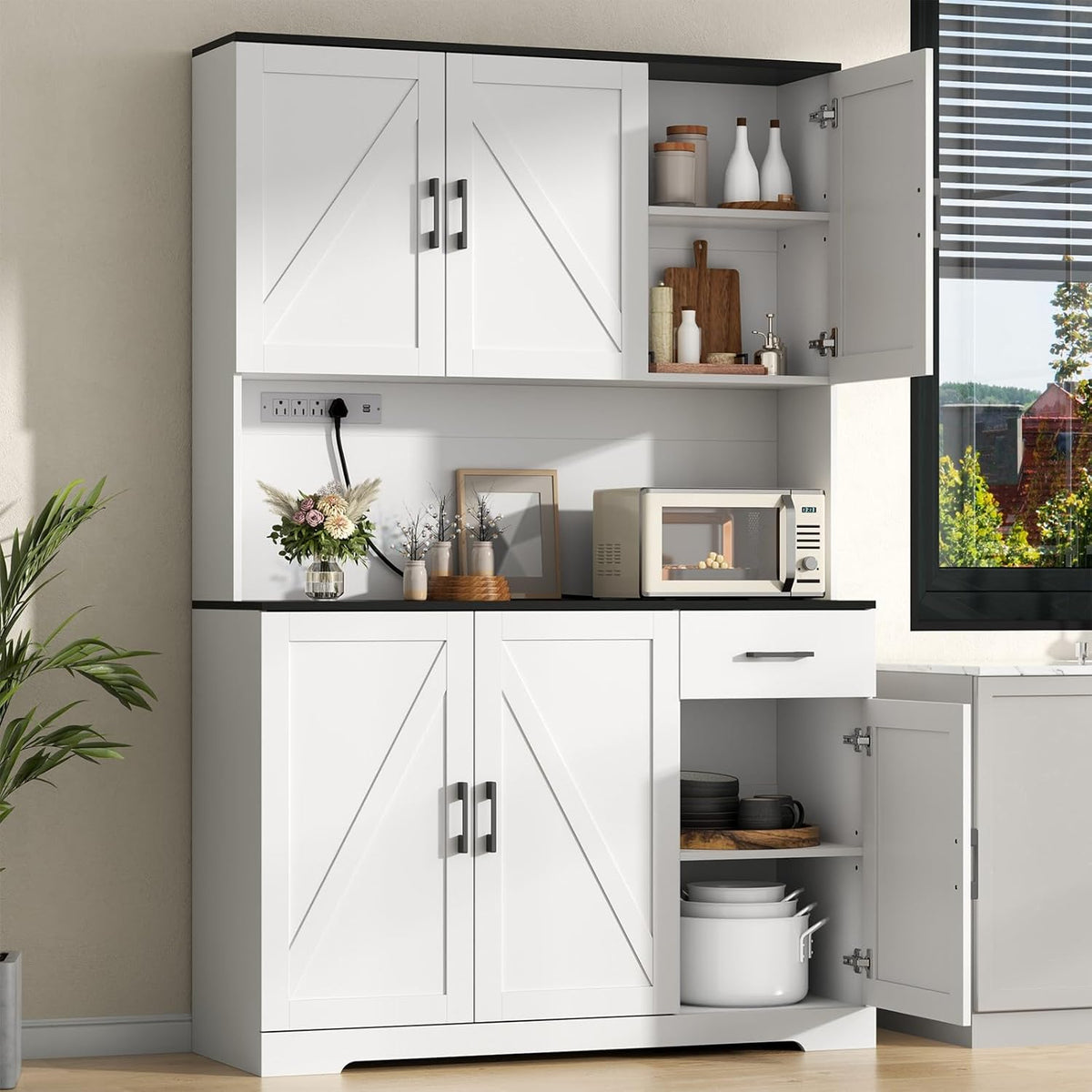 Gyfimoie 71’’ Farmhouse Kitchen Pantry Cabinet, Tall Storage Cabinet with Power Outlet, Freestanding Hutch with Drawer, 4 Adjustable Shelf & 6 Doors for Kitchen Living Room (White)