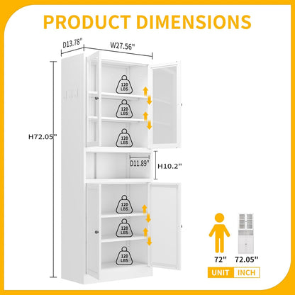 Kitchen Pantry Cabinet with Glass Doors, 72" Metal Storage Cabinet with 4 Adjustable Shelves, Kitchen Pantry with Hooks for Home, Living Room, Assemble Required (White)