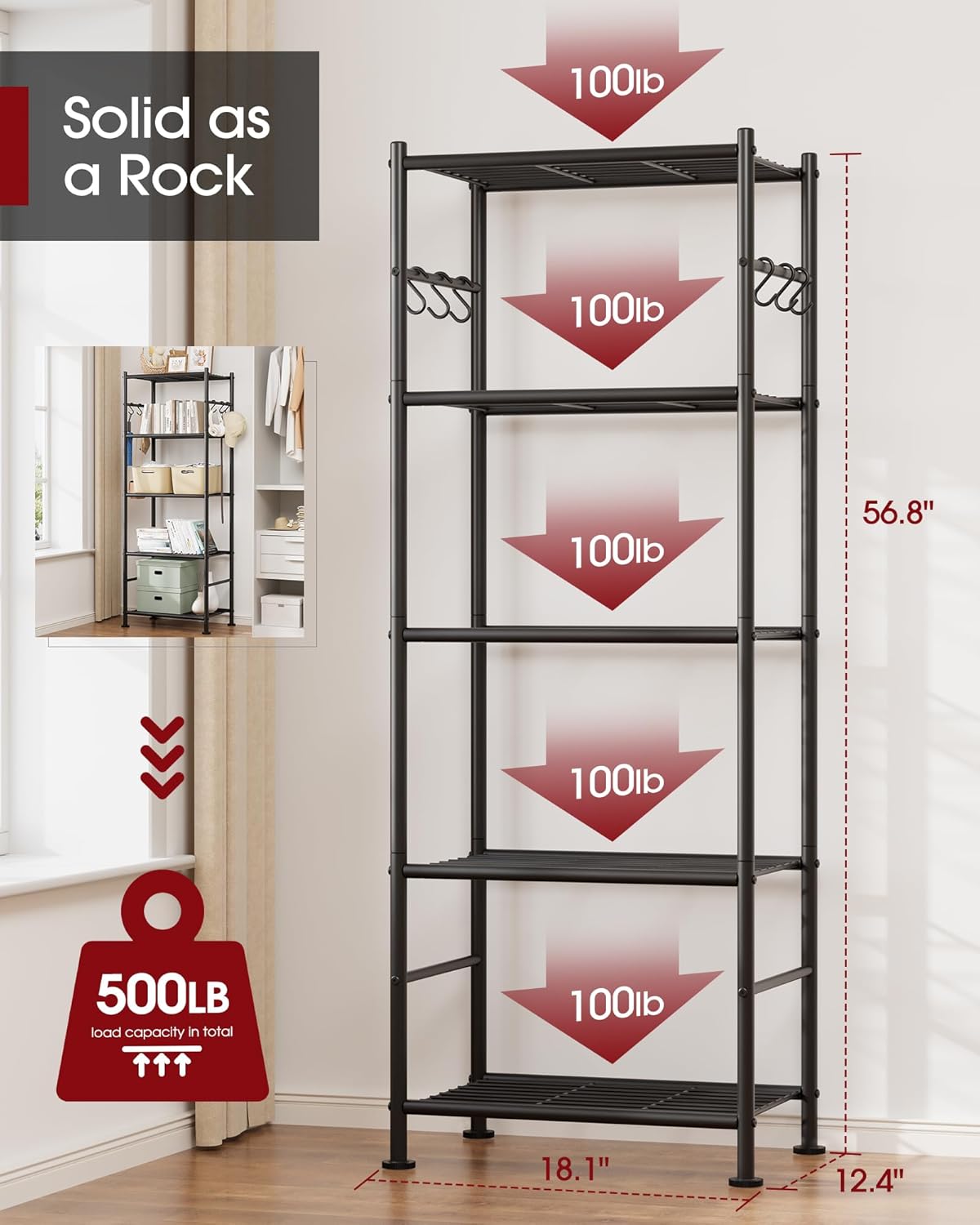 Sakugi Storage Shelves - 5-Tier Large Capacity Shelf Organizer with Hooks, Heavy-Duty Garage Shelving with Leveling Feet, Wobble-Free Rack for Bedroom, Balcony, Garage, 18.1"×12.4"×56.8", Black