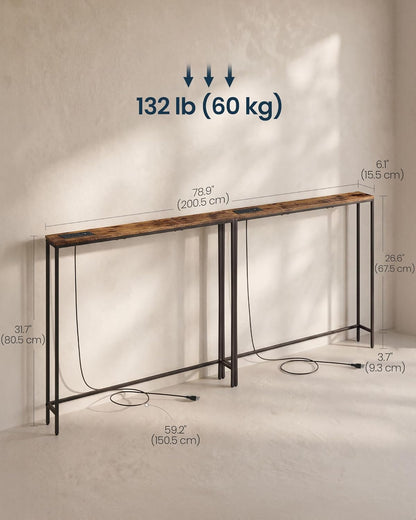 SONGMICS HOME Narrow Console Tables with Integrated Tabletops, Behind Couch Table with Power Outlets, for Entryway, Living Room, 78.9 Inches, Rustic Brown