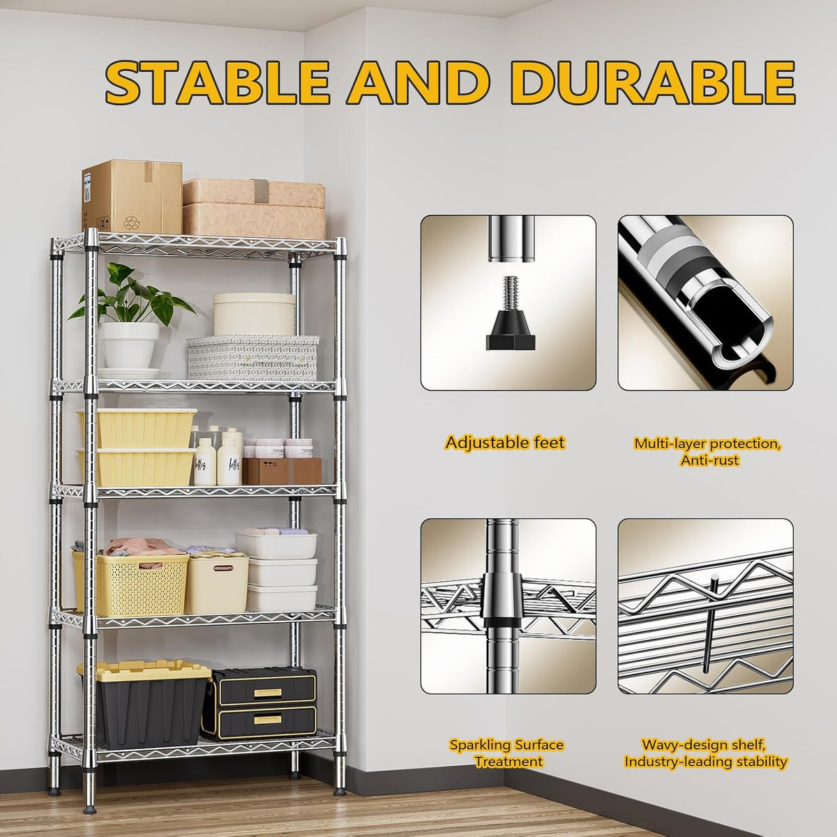 M MZG 1250 lbs 5 Tier Shelf Metal Storage Shelves Shelving Wire Rack Heavy Duty Closet Organizers for Garage Kitchen Bathroom Laundry Chrome 13.8" D x 29.5" W x 59.5" H