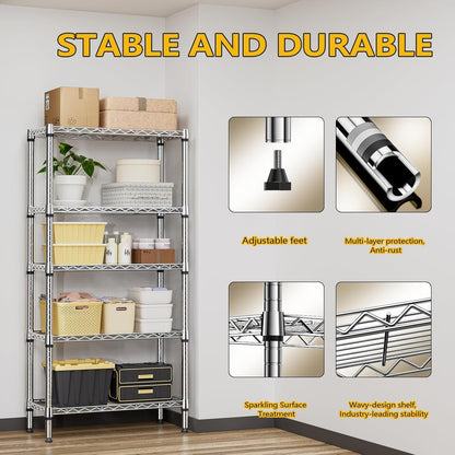 M MZG 1250 lbs 5 Tier Shelf Metal Storage Shelves Shelving Wire Rack Heavy Duty Closet Organizers for Garage Kitchen Bathroom Laundry Chrome 13.8" D x 29.5" W x 59.5" H