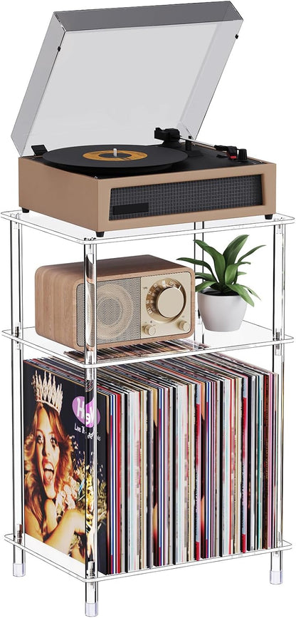 Clear Acrylic Record Player Stand with Vinyl Storage, 15.75" L x 11.81" W x 24.5" H, 3 Tier Small Side Turntable Table with Album Shelf, Modern Bedside End Table for Living Room, Bedroom