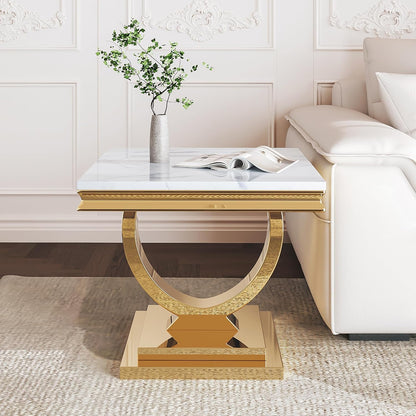 Marble Coffee Table Set of 3, Includes 1 Coffee Table with 2 Square End Side Tables, Luxury 3 Piece Living Room Table Set with White Faux Marble Tabletop & Gold Stainless Steel Base
