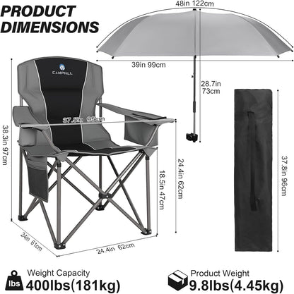 2 Pack Oversized Camping Chairs with Adjustable Umbrella-Folding Padded Lawn Chair with Backrest & Comfy Armrest-Heavy Duty for Beach Patio Picnic,Black