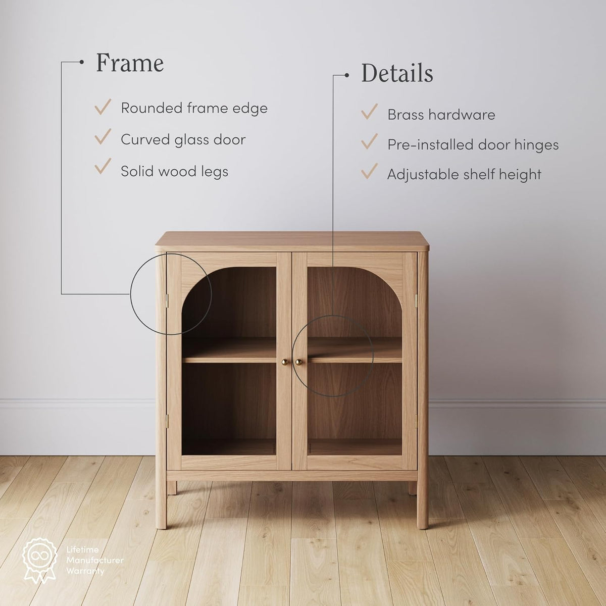 Nathan James Mason Modern Farmhouse Storage Cabinet, Free Standing Accent Sideboard Buffet, Cabinet with Glass Doors and Adjustable Shelf, Clear Glass/Raw Oak