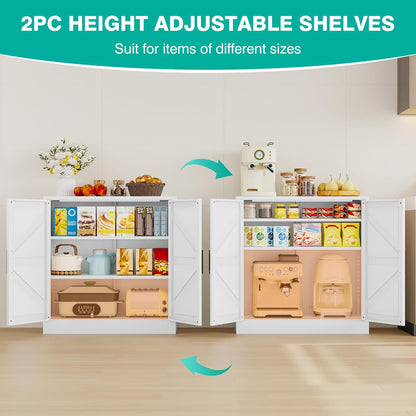 White Storage Cabinet with Doors and Adjustable Shelves,36" Farmhouse Food Pantry Cabinets,Small Sideboard Cabinet,Short Metal Storage Cabinets for Home Kitchen,Dining/Living/Laundry/Room