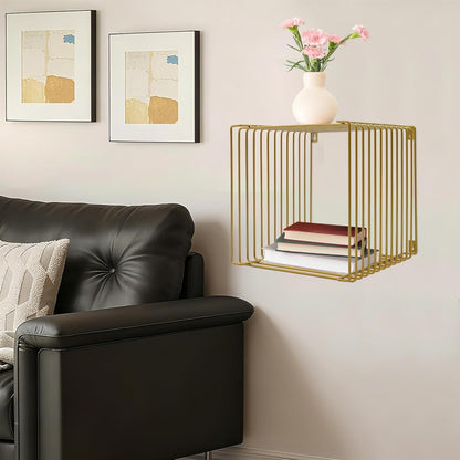 Retro Side Table, Industrial Night Stand, Wire Cube Storage Rack, Coffee Table, Small End Tables, Iron Multi-Purpose Desktop Shelf for Compact Spaces, Living Room Bedroom (Gold, 11.81in)
