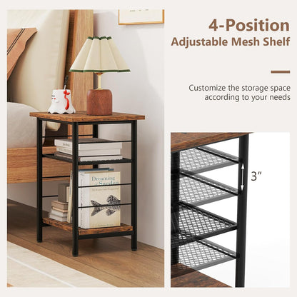 Giantex 3-Tier Side Table with Adjustable Mesh Shelf, Industrial Nightstand, Small End Table Stand for Living Room, Bedroom, Office, 12" D x 15" W x 20" H