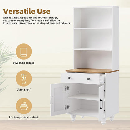 Farmhouse Kitchen Pantry Cabinet, 63'' Tall Storage Cabinet Wood Food Pantry with 2 Drawers & Adjustable Shelves, Kitchen Hutch Bookshelf for Dining Room (White)