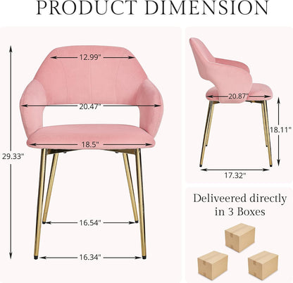 VECELO Velvet Dining Chairs Set of 6, Modern Upholstered Kitchen Chairs with Cushion, Padded Backrest and Metal Legs, Pink