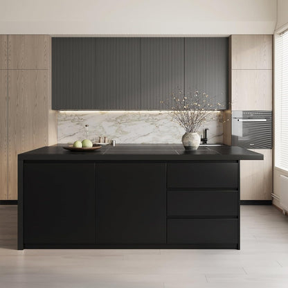 homary Kitchen Island with Storage & Wine Rack, 72" Modern Black Kitchen Cabinet with Wood Top, Large Fixed Island with 3 Drawers & 6 Adjustable Shelves, Without Bar Stools