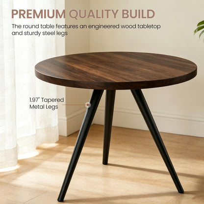 34.6" Round Dining Table Set for 4, Modern Kitchen Coffee Table Set with 4 Faux Leather Chairs, MDF Small Space Saving Dining Room Table and Chairs Set (Walnut Table+4 Beige U-Shaped Chairs)