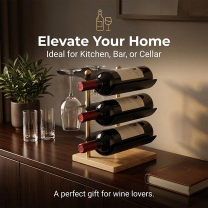 Modern Abstract Wine Rack, Black Metal Wine Holder with Wood Base, 3 Bottle Wine Display Stand for Countertop, Decorative Wine Rack for Home Bar Kitchen Decor, Unique Gift for Wine Lovers