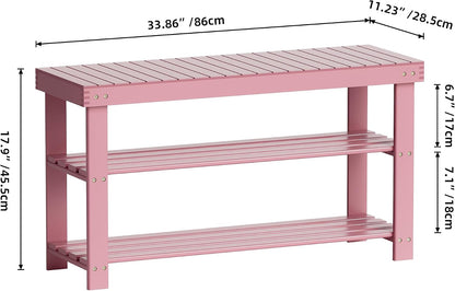 SMIBUY Bamboo Shoe Rack Bench, 3-Tier Shoe Organizer Storage Shelf for Entryway Hallway Bathroom Living Room (Pink)