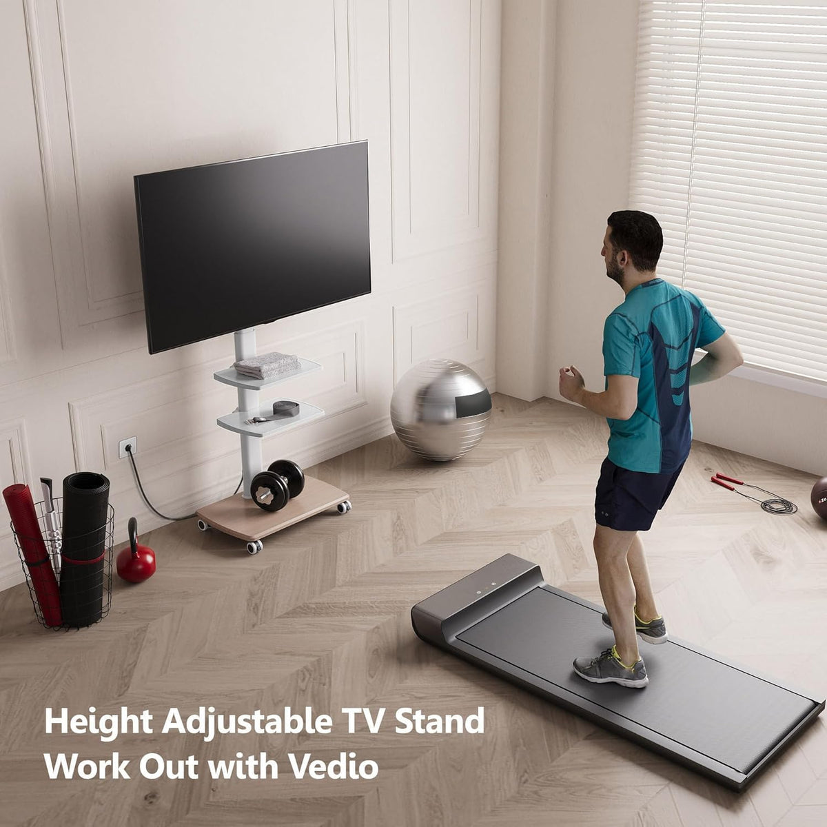FITUEYES Rolling TV Stand with Power Outlets, for 32-75 InchTVs, White | Swivel Portable TV Stand with Height Adjustable&Wood Base, Mobile TV Cart with 2 Shelves for Bedroom Living Room Home Office