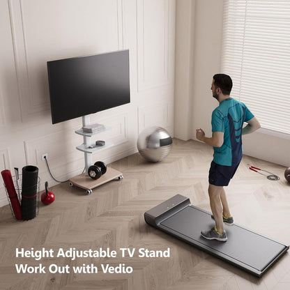 FITUEYES Rolling TV Stand with Power Outlets, for 32-75 InchTVs, White | Swivel Portable TV Stand with Height Adjustable&Wood Base, Mobile TV Cart with 2 Shelves for Bedroom Living Room Home Office