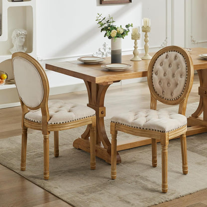 Vintage French Country Dining Chairs Set of 6, Velvet Dining Chair with Solid Wood Legs, Beige Upholstered Dining Chairs, Sillas para Comedor, Kitchen & Dining Room Chair (Beige, 6Pcs)