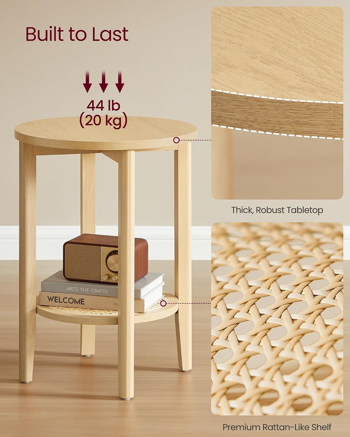 VASAGLE Round Side End Table, 2-Tier Boho Bedside Table with Rattan-Look Storage Shelf, Nightstand for Small Spaces, for Living Room, Bedroom, Home Office, Oak Beige ULET296Y01