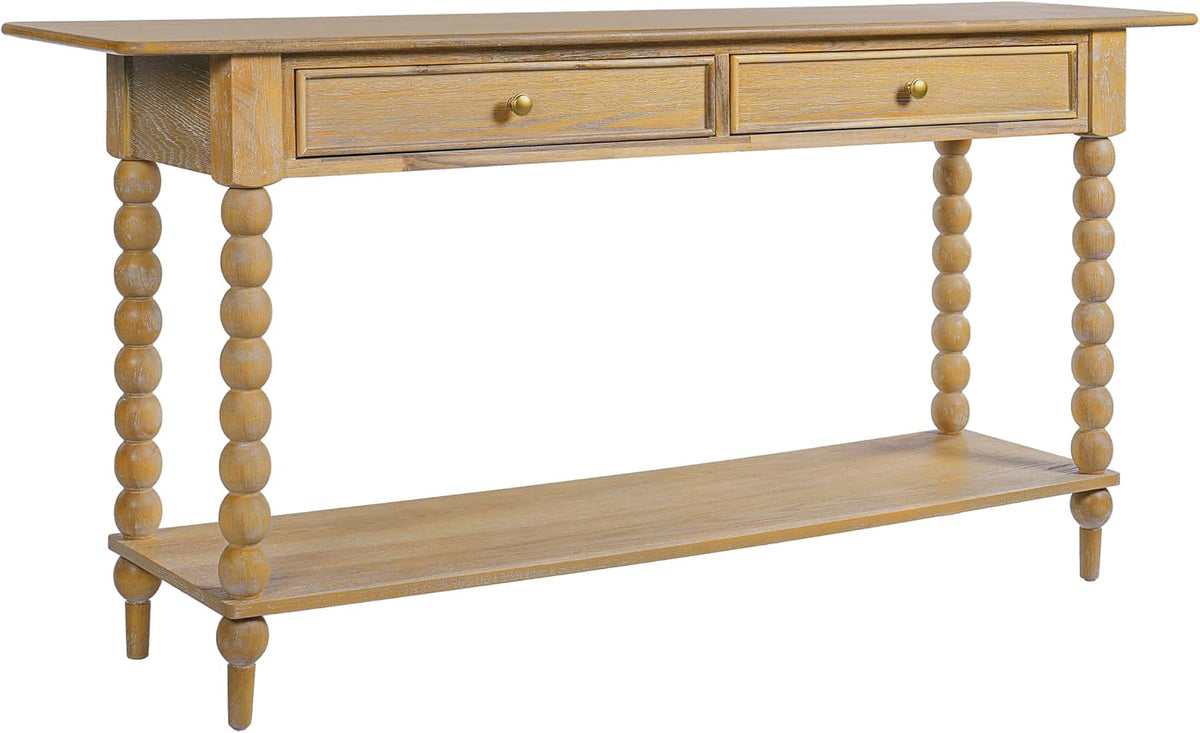 Christopher Knight Home Zeka Narrow Console Table with Storage, Wood Entryway Table with 2 Drawers and 1 Bottom Shelf, Retro Display Table with Unique Spherical Legs for Hallway, Living Room, Natural