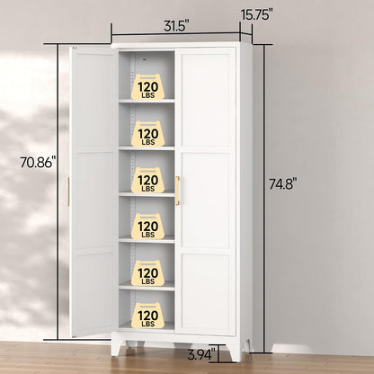 Coolsun Metal Pantry Cabinet, 71" Kitchen Pantry Storage Cabinet with 2 Doors and 4 Adjustable Shelves, Food Pantry Cabinet for Kitchen, Living Room, Dining Room, Home Office