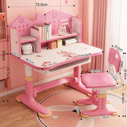 Kids Functional Desk Chair Set,Kids Desk and Chair Set, Height Adjustable Children School Study Desk with Castle Backboard, Widened Desktop, Bookstand and Storage Drawer (Pink)