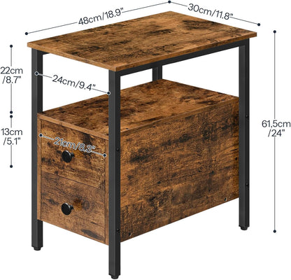 HOOBRO End Table, Narrow Chairside Table with Drawer and Open Storage Shelf, Nightstand for Small Spaces, Stable and Sturdy Construction, Wood Look Accent Furniture, Rustic Brown and Black BF548BZ01G3