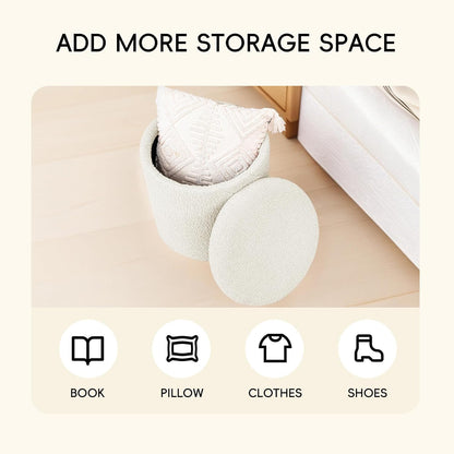 PINPLUS Ottoman with Stroage Round Boucle Ottoman and Tray Sherpa Removable Foot Stool Coffee Table for Dorm, Living Room White, 16.9"x16.9"x17.7"