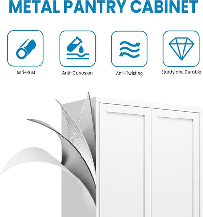 White Steel Pantry Cabinet with 2 Adjustable Shelves, Metal Storage Cabinets for Kitchen, Living Room, Bathroom, Heavy Duty Freestanding Utility Cabinet, Assembly Require