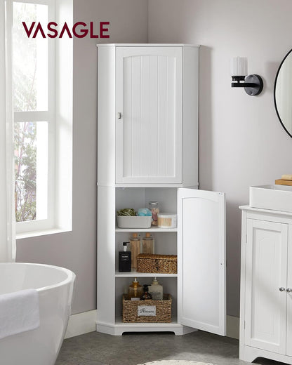 VASAGLE Corner Cabinet, Tall Corner Storage Cabinet with 2 Doors and 4 Adjustable Shelves, for Bathroom Kitchen Living Room, Modern Farmhouse Design, White UBBC541P31