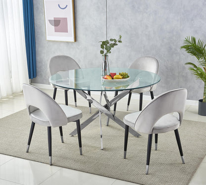 36" Luxury Glass Dining Table Set for 2, 3 Piece Modern Round Dining Tables with 2 White Leather Chairs, Dining Room Tables with Stainless Steel Base, Silver Kitchen Table and Chair Set for 2