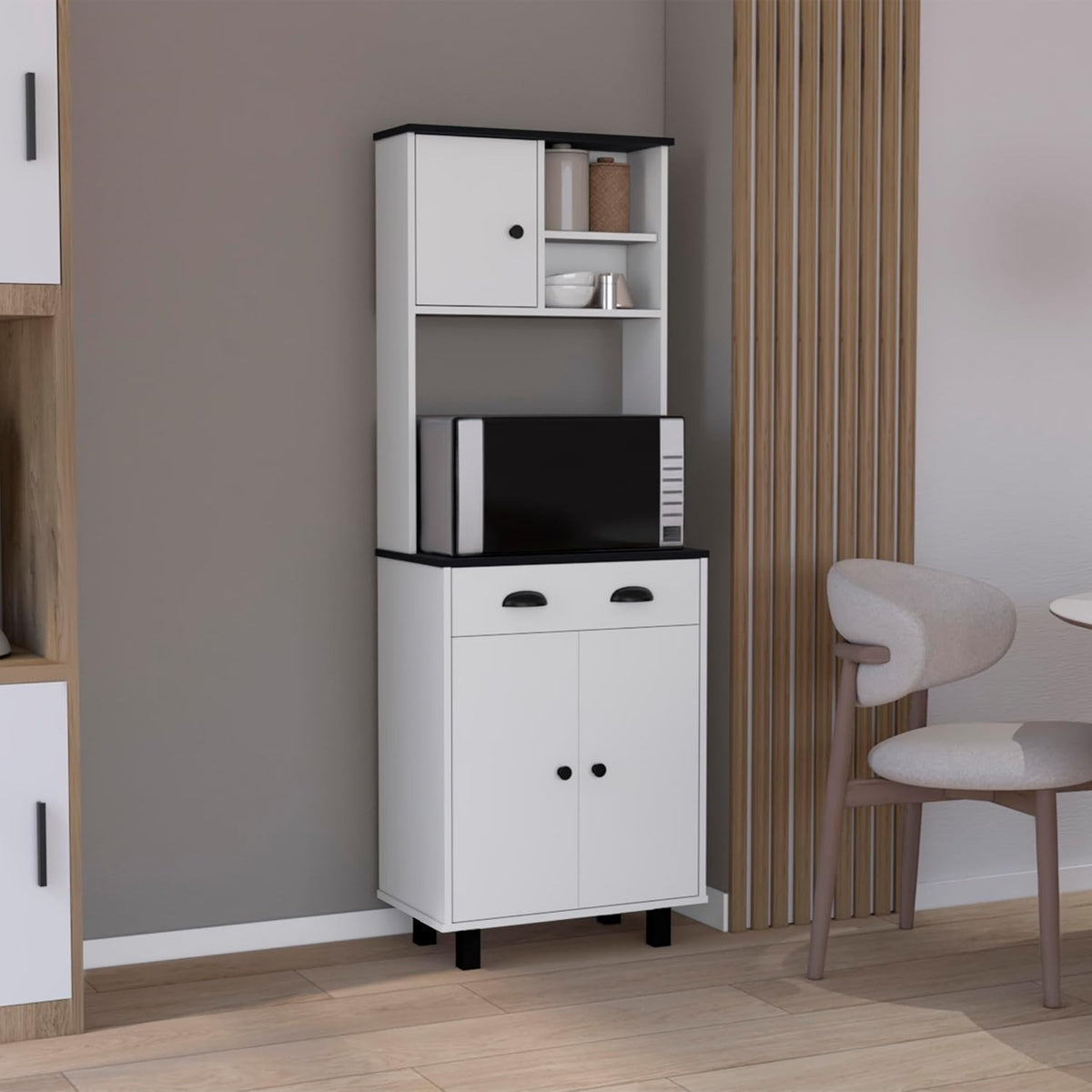 67" H Kitchen Pantry with Two Cabinets, Two Open Shelves, and One Drawer,White/Black