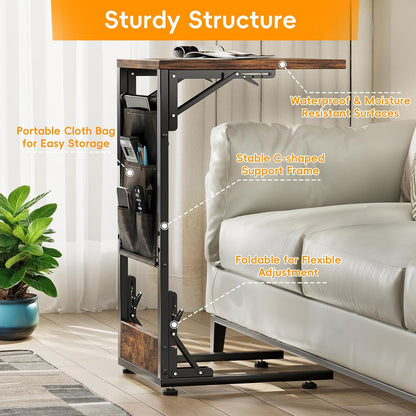Kufutee Folding TV Tray Table, Small Folding Side Table with Storage Bag, Portable C Shaped End Stand for Couch Sofa Bed, Rustic Brown
