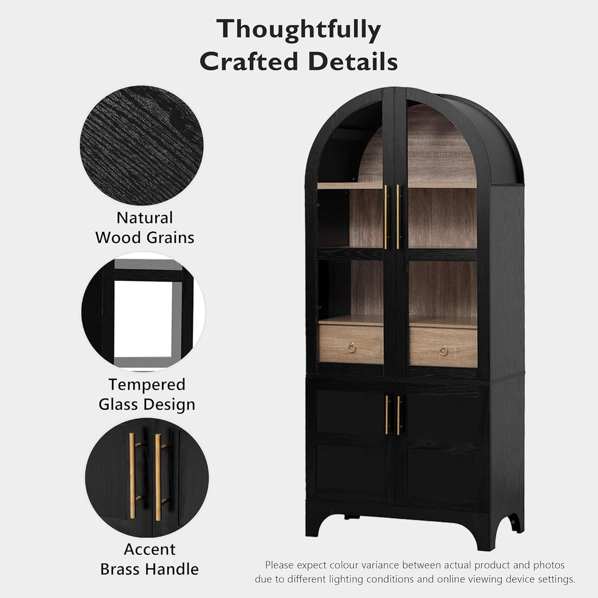 Kitchen Pantry Cabinet, 71" Tall Arched Kitchen Storage Cabinet Wood Farmhouse Kitchen Storage Cabinets with Glass Door, Adjustable Shelves, Hidden Drawer Versatile Cupboard for Kitchen (BLACK)