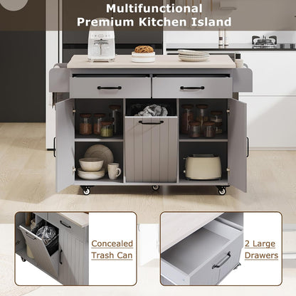 51" Rolling Kitchen Island with Tilt-Out Trash Cabinet & Drop Leaf | Tilt-Out Trash Cabinet, Drop Leaf Extension, Rolling Design, Kitchen Storage, 51 Inch Width