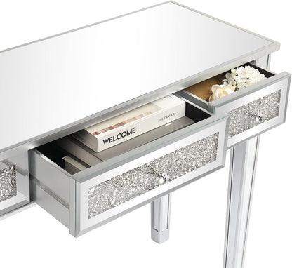 VINGLI Silver Mirrored Vanity Desk, Makeup Vanity Desk, Glass Desk with 3 Drawers, Glass Vanity for Women Girls Bedroom, Makeup Room & Office Writing Desk