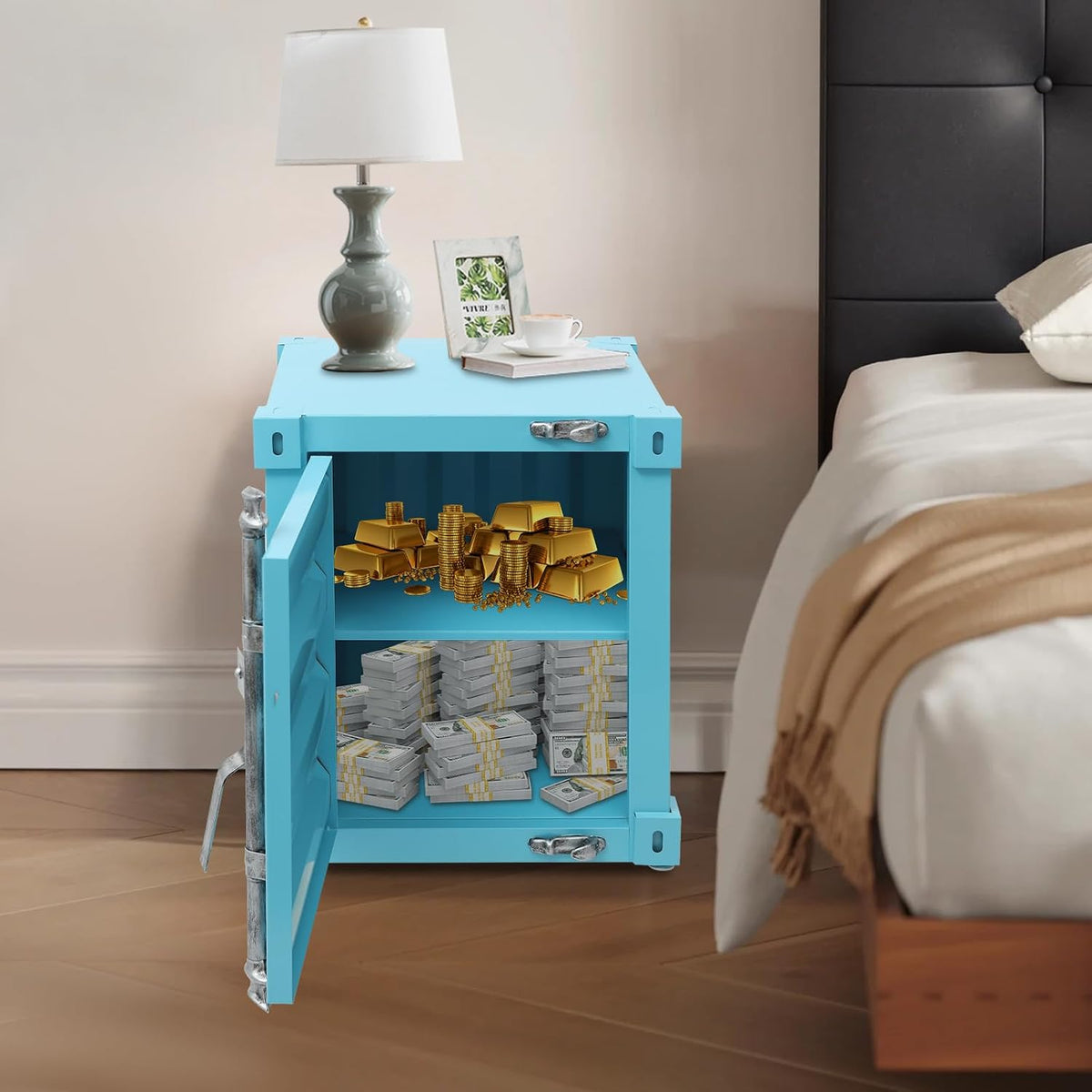 Side Table, Industrial Wind Container Cabinet Iron Bedside Table Vintage Container Design Cabinet with Combination Lock for Bedroom, Living Room, Garage, Bar (Blue)