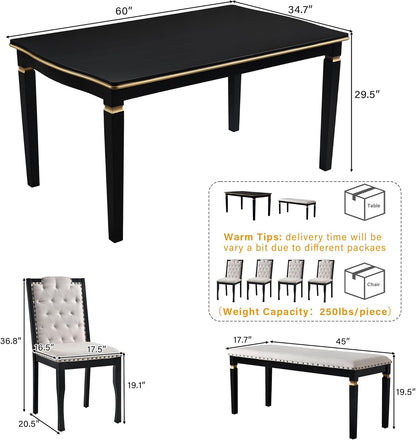 Merax 6-Piece Kitchen Dining Table Set, 60" Rectangular Table with 4 High-Back Tufted Upholstered Chairs & 1 Bench, Rubberwood Legs Modern Elegant Farmhouse for Kitchen Room, Black